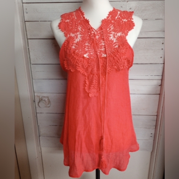 Jella C Coral Lace Sleeveless Top Small Boho Keyhole Back V-Neck Coastal Beachy - Picture 1 of 12